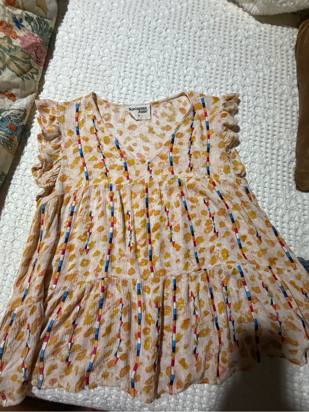 Savanna Jane Pink Floral Print Peasant Top with Colorful Trim